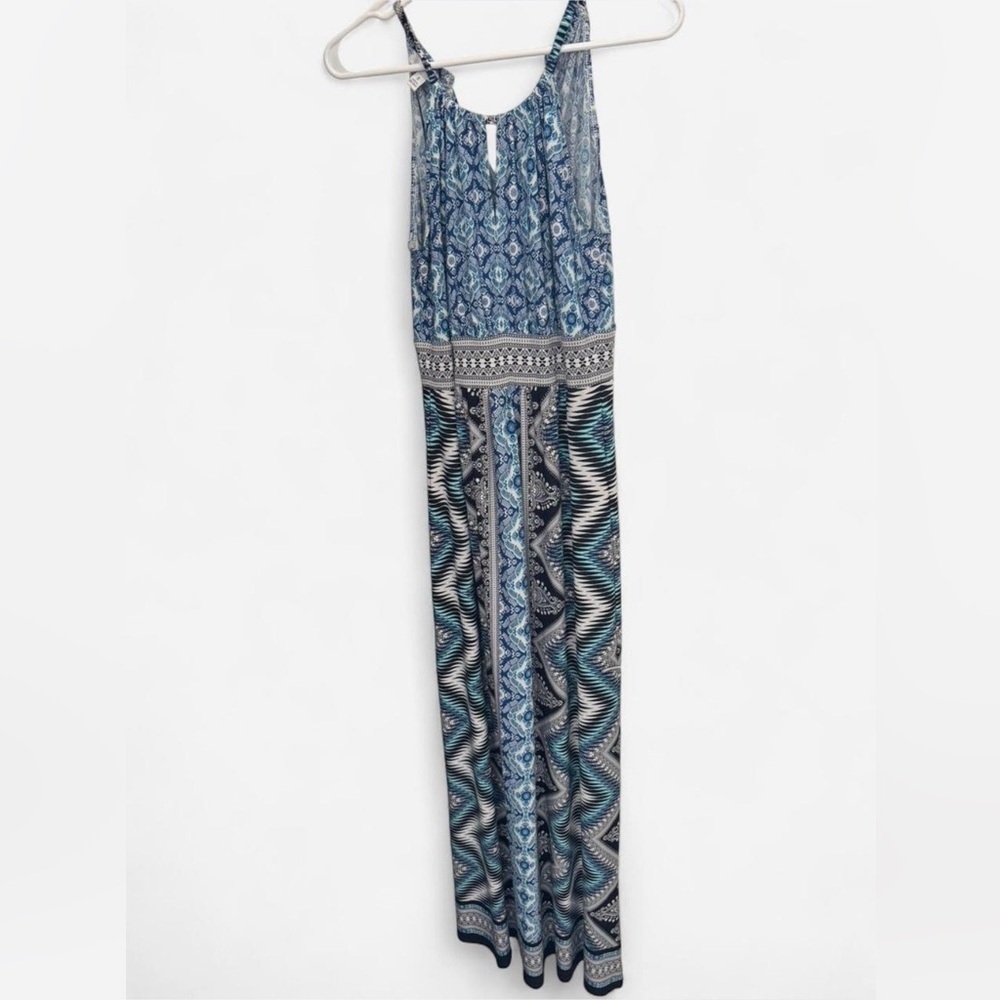 London Times 6 Blue and Black high neck keyhole geometric Maxi Dress